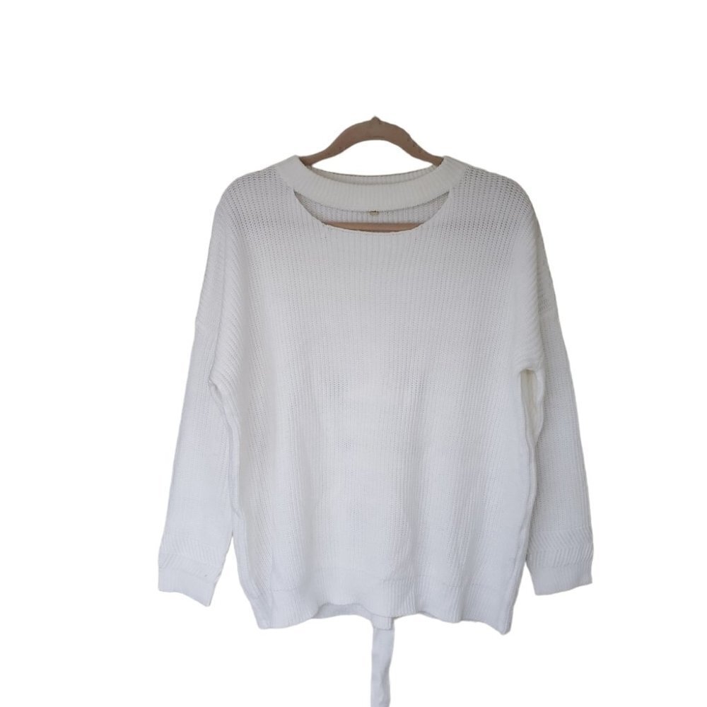 CLEARANCE White Rib Knit Slouchy Sweater With Grommet Lace Up Back